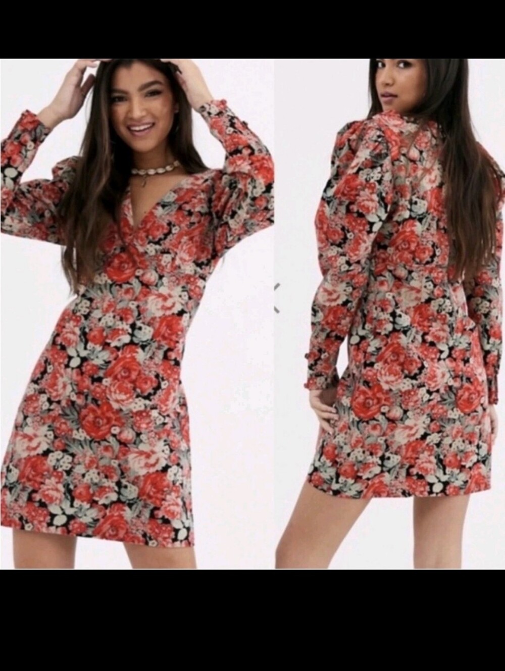 Free People Floral Puff Sleeve Mini Dress - Coral Rose Print